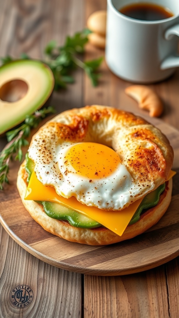 A bagel and egg breakfast sandwich with cheese and avocado on a wooden table.